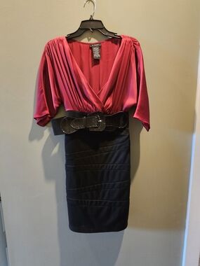 B. Smart Women's Sheath Dress Deep Red Colorblock Belted Size 10